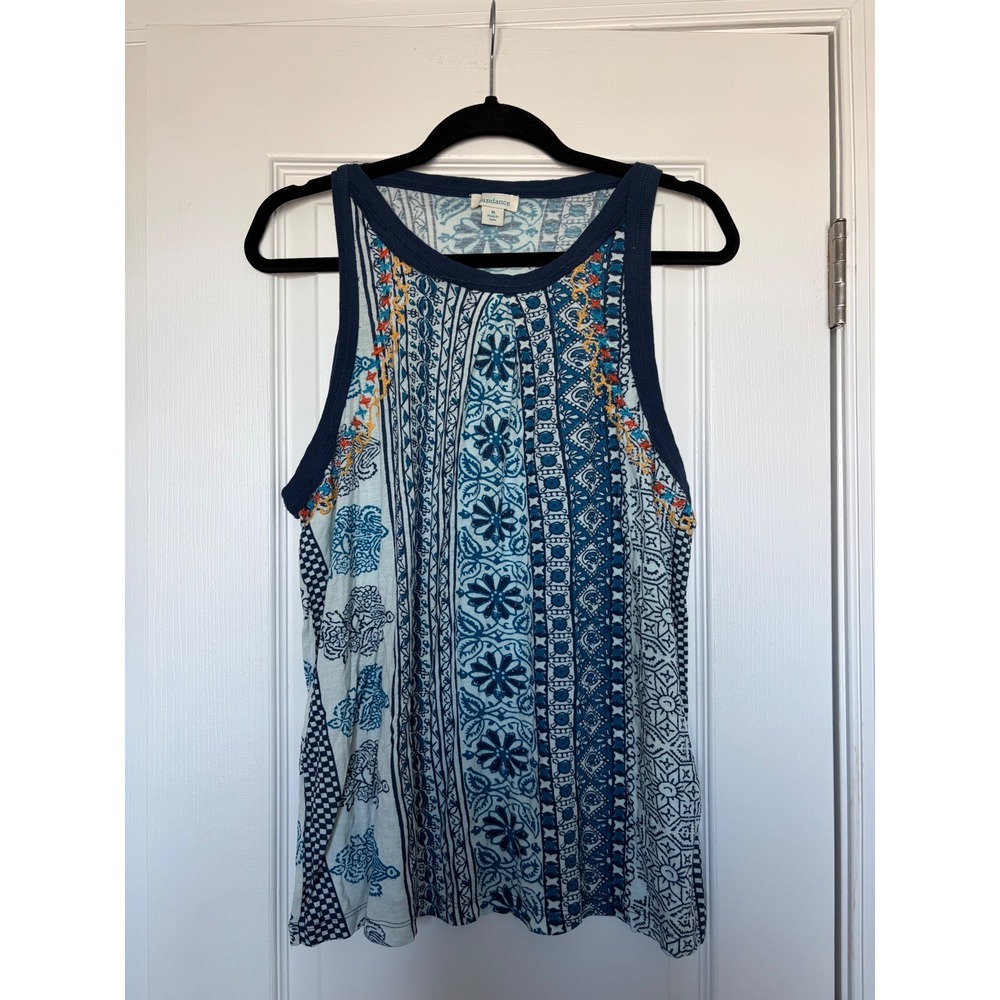 Sundance Womens Blue White Boho Embroidered Modal Linen Blend Tank Top Size M